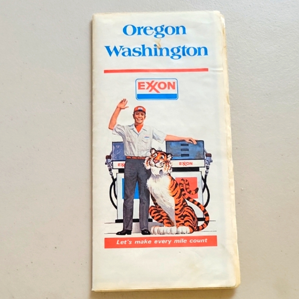 Exxon Vintage Oregon Washington Map with Tiger Illustration 1977-1978